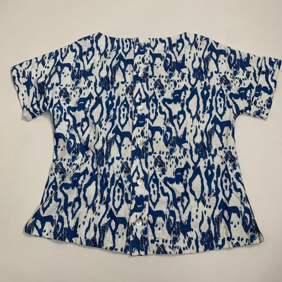 Boho Chic XS Blue & White Patterned Short Sleeve Top Button Back Boxy - Picture 5 of 7